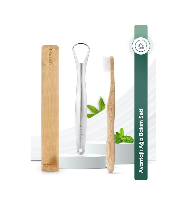 Tbrush Beyaz Nano Bambu Diş Fırçası - Ultra Soft + Paslanmaz Çelik Dil Temizleyici + Diş Fırçası Kabı