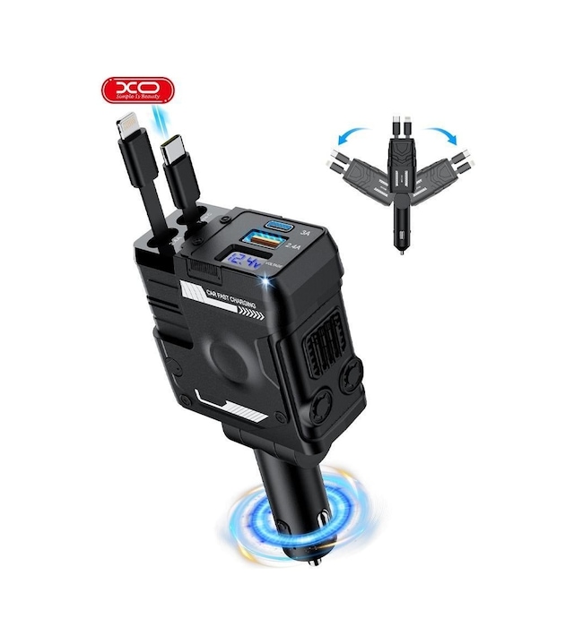 104w Dahili Type-c Ve Lightning Kablolu Usb-a & Usb-c Çıkışlı Dijital Göstergeli Araç İçi Şarj Aleti