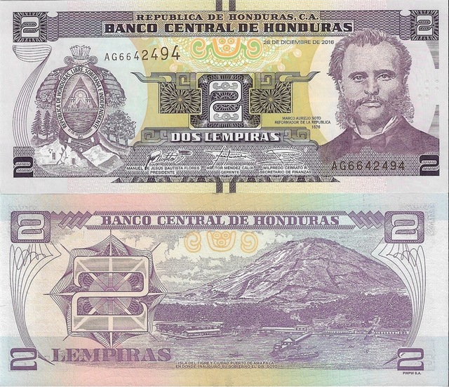 Honduras 2 Lempira Yabancı Kağıt Para Çil Koleksiyon Para