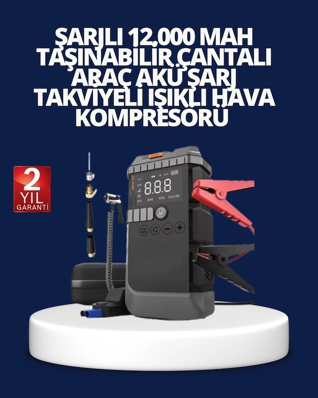 Şarjlı 12000 Mah Araç Akü Takviye Ve Hava Kompresörü 4 Ü 1 Arada Çok Renkli