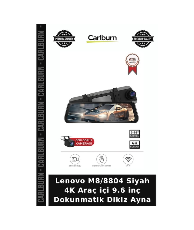 Lenovo M8/8804 Siyah 4k Araç İçi 9.6 İnç Dokunmatik Dikiz Ayna Yol Kayıt Trafik Lens Taşıt Lensi