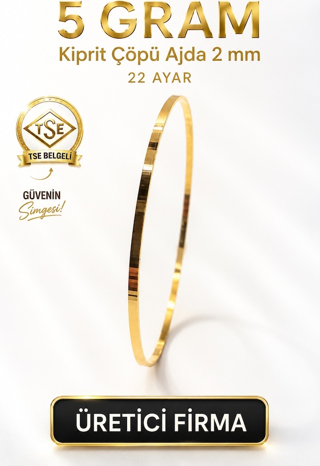 22 Ayar Tse Belgeli 5 Gram 2 Mm Kibrit Çöpü Ajda Altın Bilezik İşçiliksiz