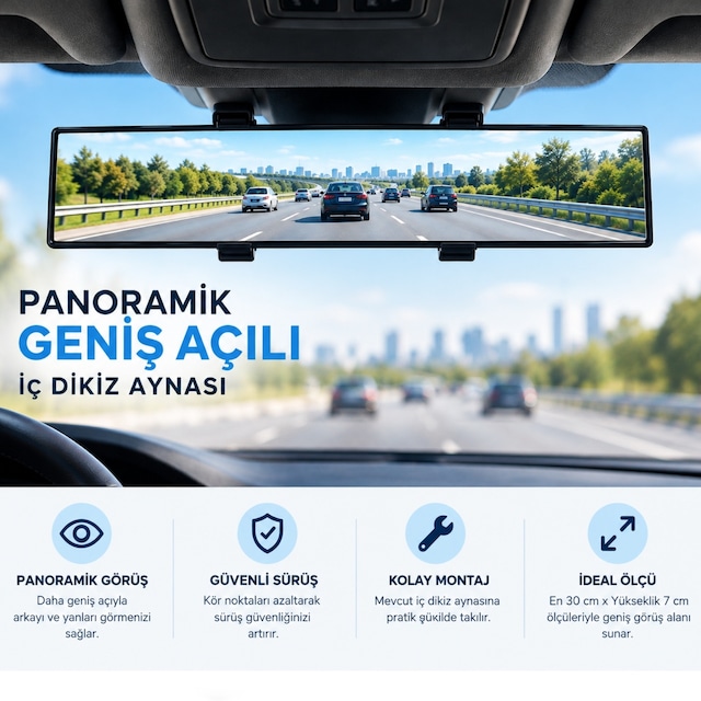Panoramik Geniş Açılı İç Dikiz Aynası Makaslı 30 Cm X 7 Cm