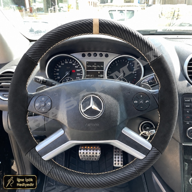 Mercedes Ml W164 Dikme Direksiyon Kılıfı Alcantara Süet Mat Karbon Bej Yüzük Ve Dikiş Suv-4 Kollu-geniş Yuvarlak 2005-2011