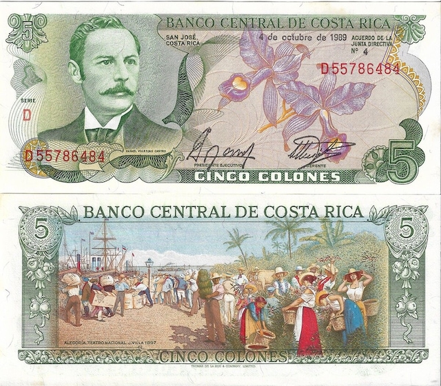 Kosta Rika 1989 Yılı Tasarım Ödüllü 5 Colones Yabancı Kağıt Para Çil Unc Koleksiyon Para