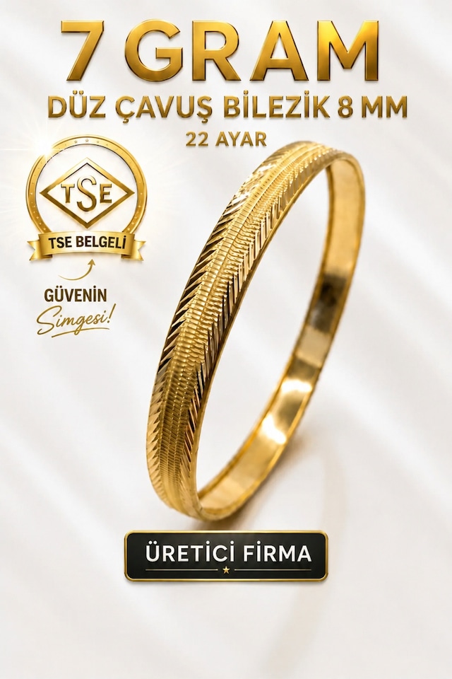 22 Ayar Tse Belgeli 7 Gram Düz Çavuş Ajda Bilezik 8 Mm Gold Altın İşçiliksiz Düğün Nişan