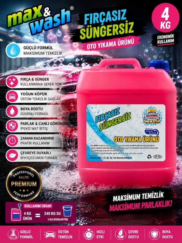 Max&wash 4 Kg Fırçasız Süngersiz Oto Yıkama Şampuanı 1/60 Konsantre Yoğun Köpük Boya Dostu Profesyonel Araç Yıkama Ürünü