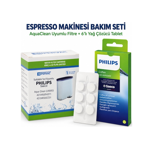 Philips Espresso Kahve Makinesi Bakım Seti Ca6903 Aquaclean Su Filtresi + Ca6704 Yağ Çözücü Tablet Beyaz