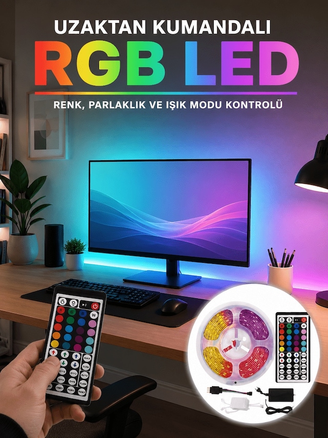 Uzaktan Kumandalı Rgb Şerit Led 5 Metre 12v 5050 Smd Çok Renkli D