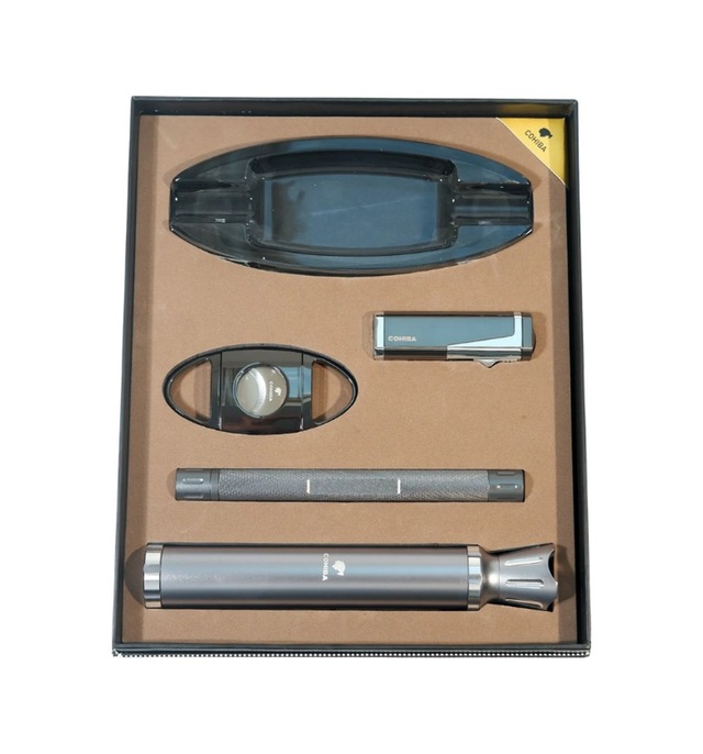 Cohiba 3 Torch Çakmak Tüp Delici Küllük Kesici Gümüş-siyah Beşli Puro Seti Tr9862