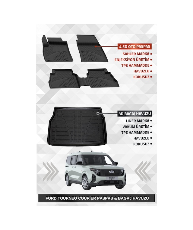 Sahler Ford Tourneo Courier 2024+ Uyumlu 4.5d Premium Havuzlu Oto Paspas Ve Liner Marka 3d Bagaj Havuzu