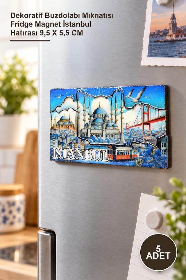 5 Adet Ahşap İstanbul Temalı Magnet Dekoratif Buzdolabı Mıknatısı Fridge Magnet İstanbul Hatırası 9,5 X 5,5 Cm