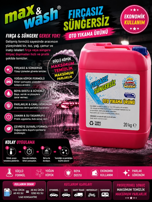 Max&wash 20 Kg Fırçasız Süngersiz Oto Yıkama Şampuanı 1/60 Konsantre Yoğun Köpük Boya Dostu Profesyonel Oto Yıkama Ürünü