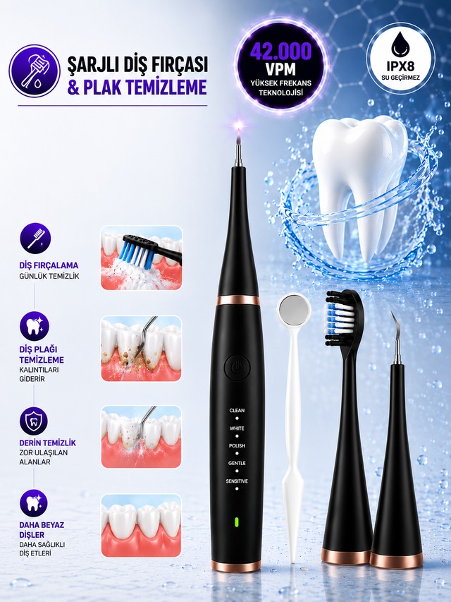 Ipx8 Su Geçirmez Şarjlı Akıllı Diş Fırçası 42000 Vpm Ultrasonik 800mah 5 Mod 3 Yedek Başlık Beyaz