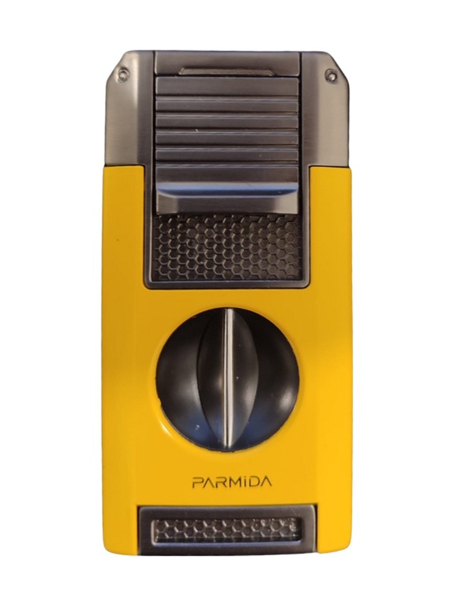 Parmida Çift Torch Pürmüz Dahili V Kesicili Sarı - Gunmetal Metal Puro Çakmağı - Tr9212