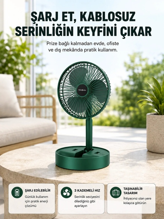 Ers Katlanabilir Şarjlı Mini Fan 3 Kademeli Hız Ayarlı Taşınabilir