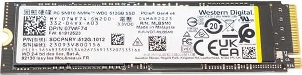 Western Digital Sn810 6000 512GB NVMe M.2 2280 PCIe 4.0 Okuma 6000 MB/s Yazma 4000 MB/s