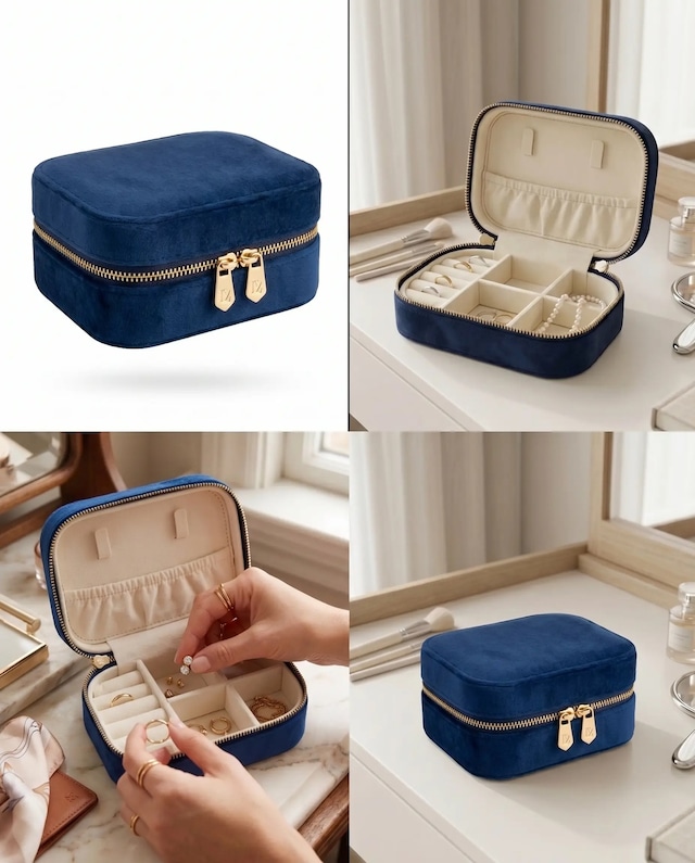 Takı Kutusu Düzenleyici Seyahat Çantası Kolye Yüzük Küpe Organizer Kadife Lacivert 12cmx8cm