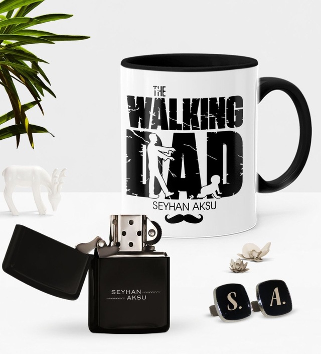 Kişiye Özel The Walking Dad Siyah Kupa Çakmak Kol Düğmesi Seti