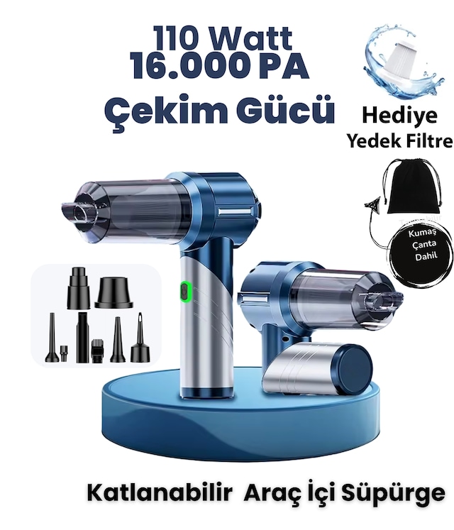 Yeni 16000pa Güçlü Portatif Vakumlu Ve Üflemeli Katlanabilir Araç Içi Süpürge Pro Hl-133 Mavi