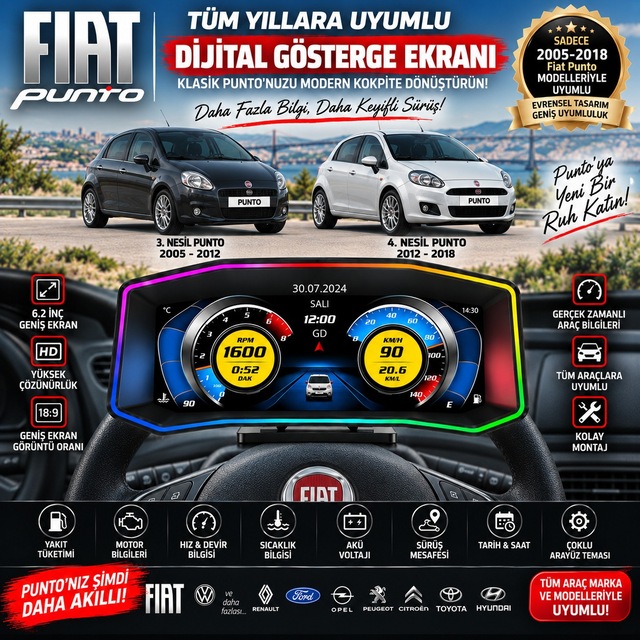 Fiat Punto 2004-2018 Modeller İçin Harici Digital Gösterge Odb Ekran Arıza Göstergesi Turbo Gösterge Hayalet Ekran