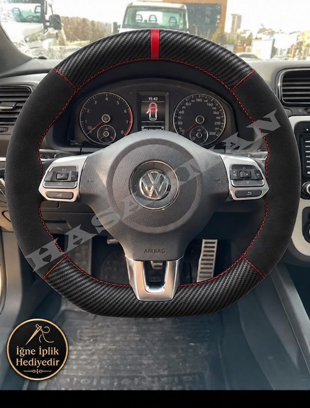 Volkswagen Scirocco Dikme Direksiyon Kılıfı Alcantara Süet Mat Karbon Kırmızı Yüzük Ve Dikiş Spor Direksiyon 2008-2014