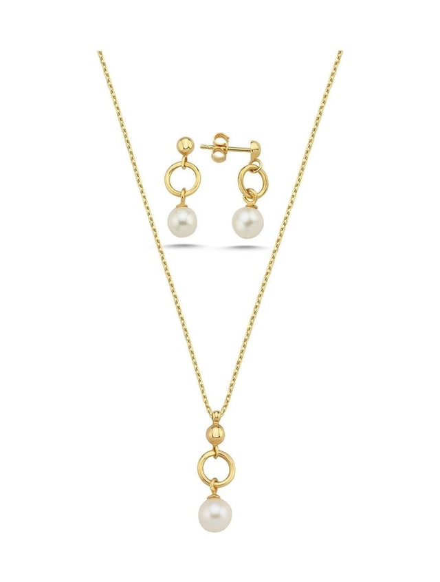 7,5 Mm Halka Doğal İnci Küpe Kolye İkili Set