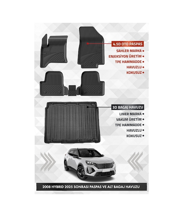 Peugeot 2008 Hybrıd 2025 Ve Sonrası Uyumlu 4.5d Premium Havuzlu Oto Paspas Ve Liner Alt Bagaj Havuzu