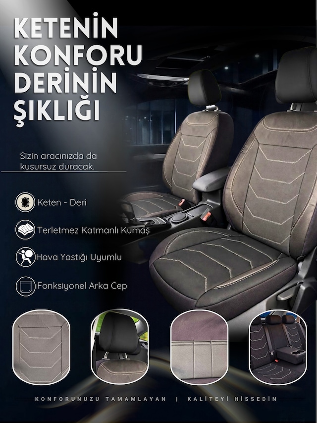 Linum Serisi Keten Kumaş Oto Koltuk Kılıfı Renk-774 Siyah Beyaz