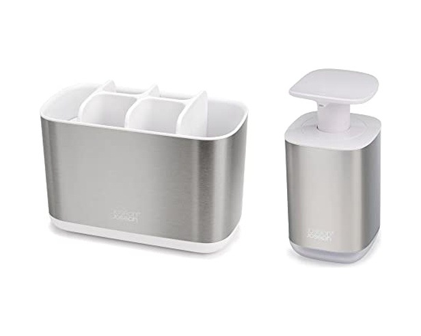 Joseph Joseph Bathroom Beauties - 2 Parçalı Lavabo Seti, Büyük Diş Fırçası Tutuculu Ve Hijyenik Sabun Pompası Dispenserli, Paslanmaz Çelik