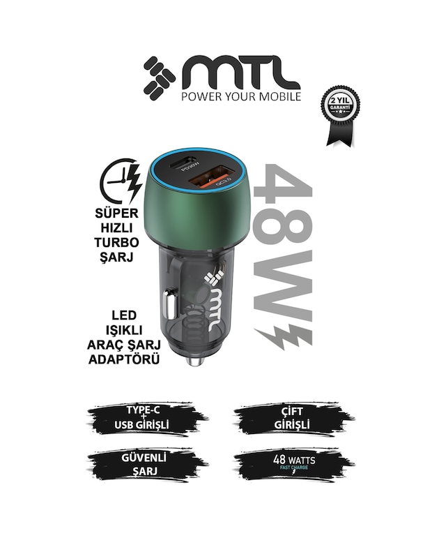 48w Hızlı Şarj Destekli Çift Portlu Type-c + Usb Akım Korumalı Led Işıklı Araç Şarj Cihazı Mt 1832
