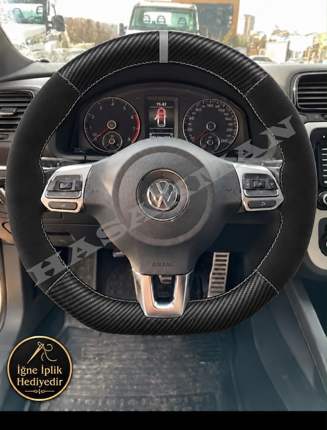 Volkswagen Scirocco Dikme Direksiyon Kılıfı Alcantara Süet Mat Karbon Gri Yüzük Ve Dikiş Spor Direksiyon 2008-2014