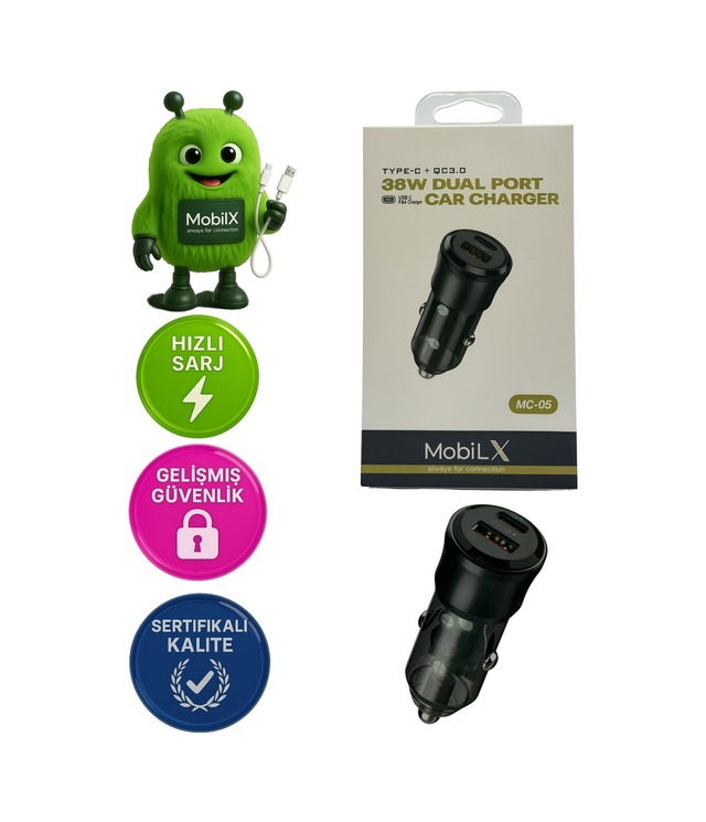 Mobilx 38w Araç Şarj Cihazı Çift Usb Çıkışlı Type-c + Qc 3.0 Model: Mc-05