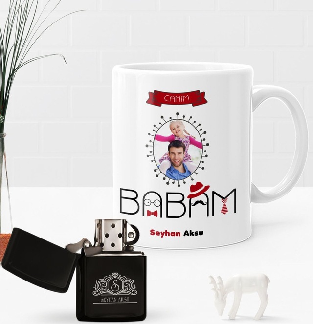 Kişiye Özel Fotoğraflı Canım Babam Benzinli Çakmak ve Kupa Seti