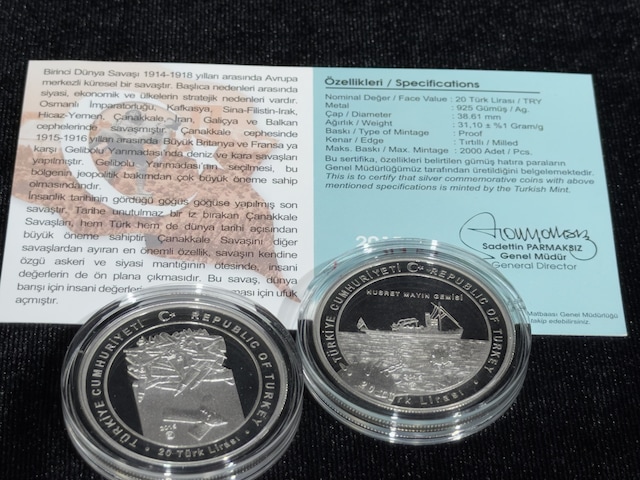 2015 Çanakkale Zaferi Nin 100. Yılı 1. Dünya Savaşı 2 Li Gümüş Sikke Seti 925 Ayar Gümüş Proof Sertifikalı Ve Özel Kutulu
