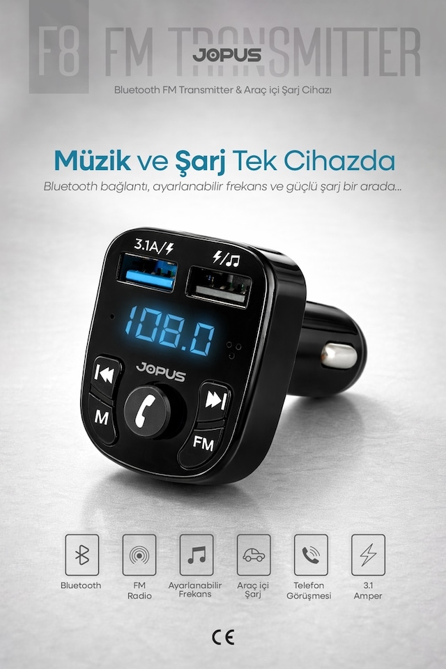 Jopus Bluetooth FM Transmitter Kablosuz Araç İçi Kiti Çakmaklık Şarj Aleti Oto MP3 Çalar USB Araç Müzik Ad