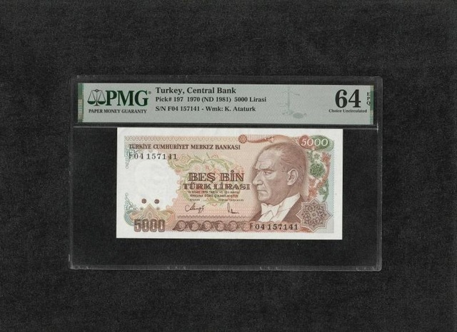 Türk Lirası Pmg 64 Epq Choice Unc Çil 5.000 Lira P 197 1970 Nd 1981 S/n F04 7. Emisyon 3. Tertip Büyük Mevlana