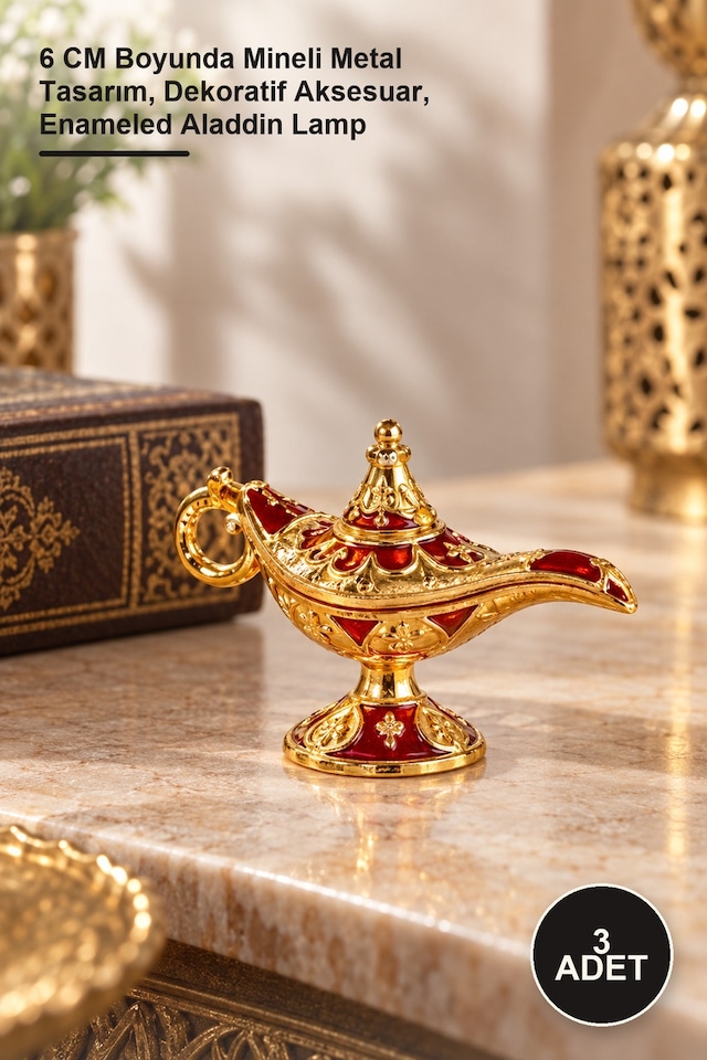 3 Adet Mineli Metal Alaatın Lambası 6 Cm Boyunda Mineli Metal Tasarım, Dekoratif Aksesuar, Enameled Aladdin Lamp