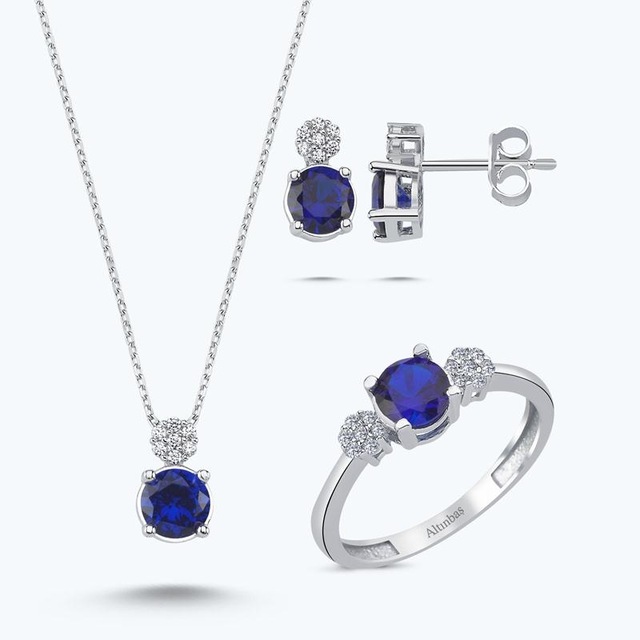 Altınbaş Mavi Taşlı Altın Üçlü Set Utkvr0038-24627-set