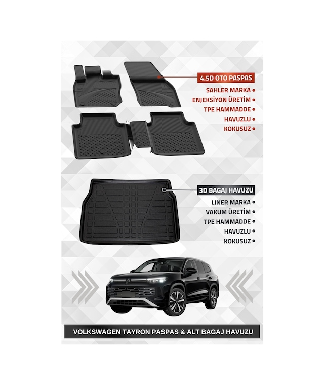 Sahler Volkswagen Tayron 2024+ Uyumlu 4.5d Premium Havuzlu Oto Paspas Ve Liner Marka 3d Alt Bagaj Havuzu