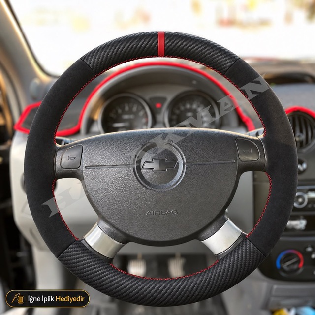 Chevrolet Aveo T250 Dikme Direksiyon Kılıfı Alcantara Süet Mat Karbon Kırmızı Yüzük Ve Dikiş Sedan-se-tuşsuz Boş 2006-2011