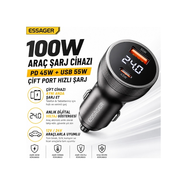 Essager 100w Çift Port Araç Şarj Cihazı Type-c Usb Hızlı Şarj Dijital Voltaj Göstergeli