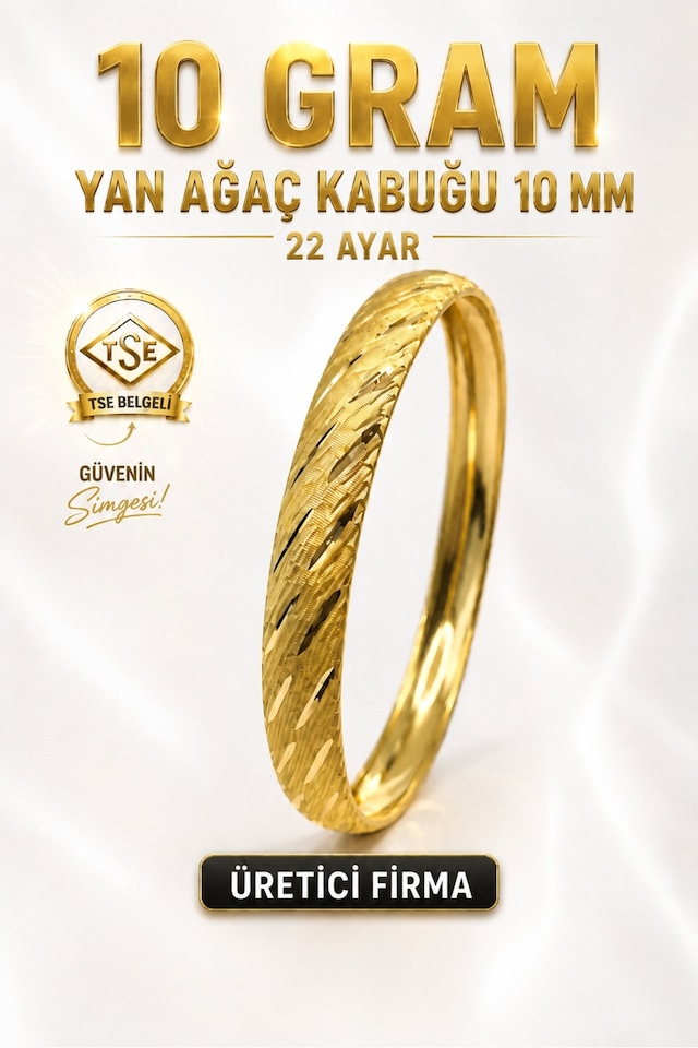 22 Ayar Tse Belgeli 10 Gram Yan Ağaç Kabuğu Ajda Bilezik 10 Mm Gold Altın Bilezik Düğün Nişan