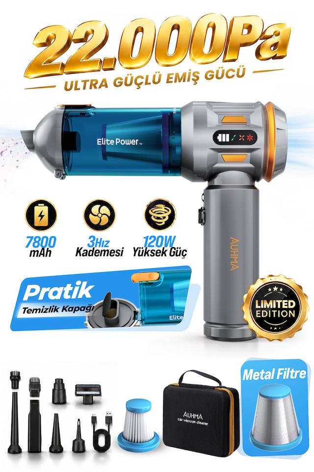 Auhma Ahv-24 Lımıted Edıtıon Mavi 22.000pa Brushless Kablosuz Araç İçi Basınçlı Üfleme & Çekme Süp Mavi