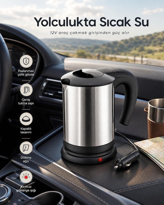 Seyahat İçin 12v Çakmak Soketli Paslanmaz Çelik Taşınabilir Su Isıtıcı Kettle