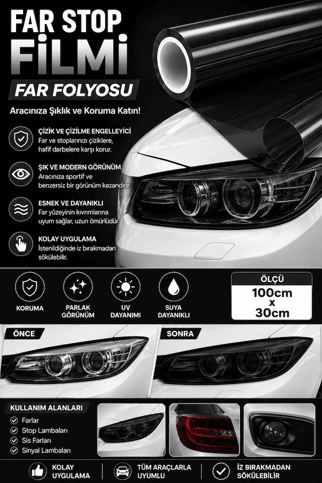 Far Stop Filmi Açık Siyah Far Folyosu 100cm X 30cm Far Çizilme Engelleyici Folyo