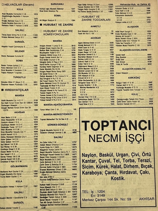 Manisa 1987 Meslek Reklam İlanı Efemera S-43 Teşhir Ürün