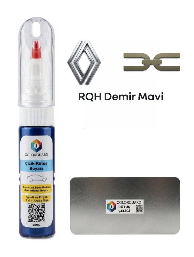 Renault-dacia Rqh Demir Mavi İğneli Ve Fırçalı Özel Tasarım Şişe Rötuş Boyası Ve Profesyonel Rötuş Çeliği Seti