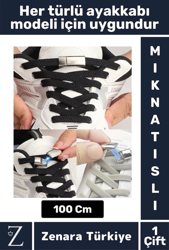 Zenara Premium Pratik Şık Klipsli Manyetik Mıknatıslı Lastikli Çocuk Ayakkabı Bağcığı 100 Cm 1 Çift Çok Renkli