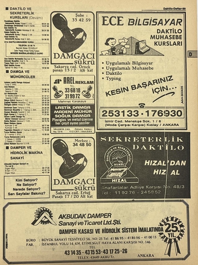 Ankara 1986 Meslek Reklam İlanı Efemera S99 Teşhir Ürün